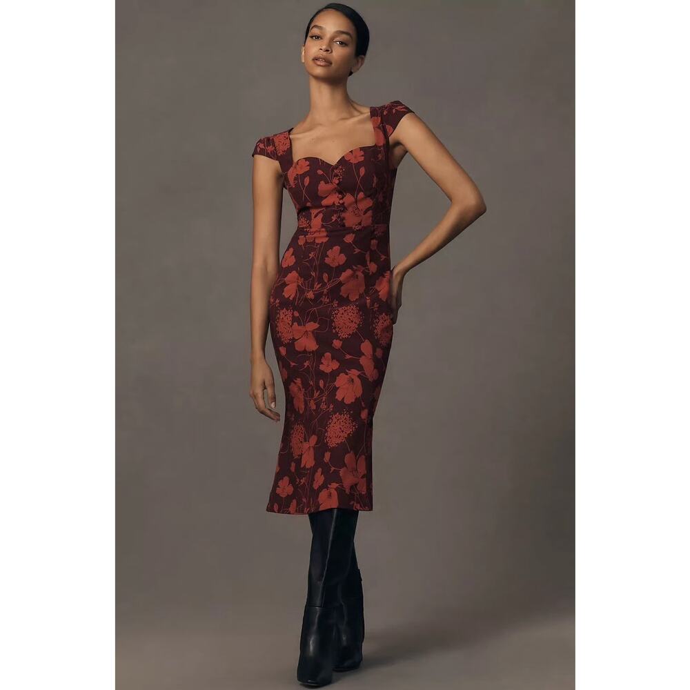 Anthropologie Dress Womens Maroon Pink Floral Cecily Retro Wiggle Sheath L